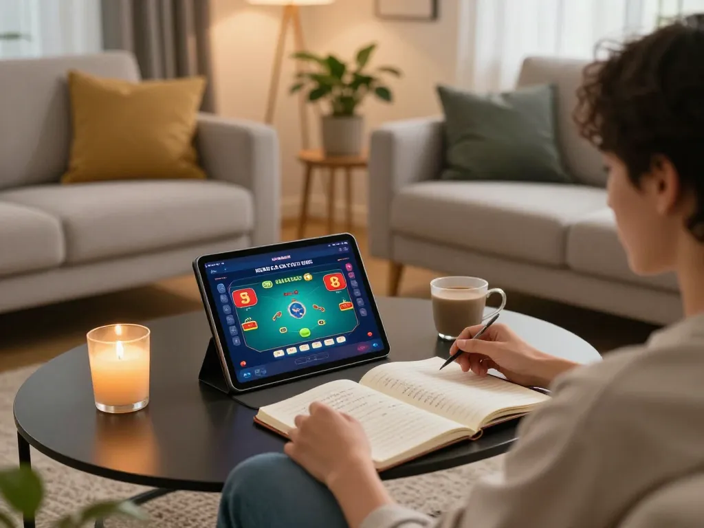 Tương tác với m88 cá cược trực tuyến trên máy tính bảng trong một đêm chơi game ấm cúng tại nhà.