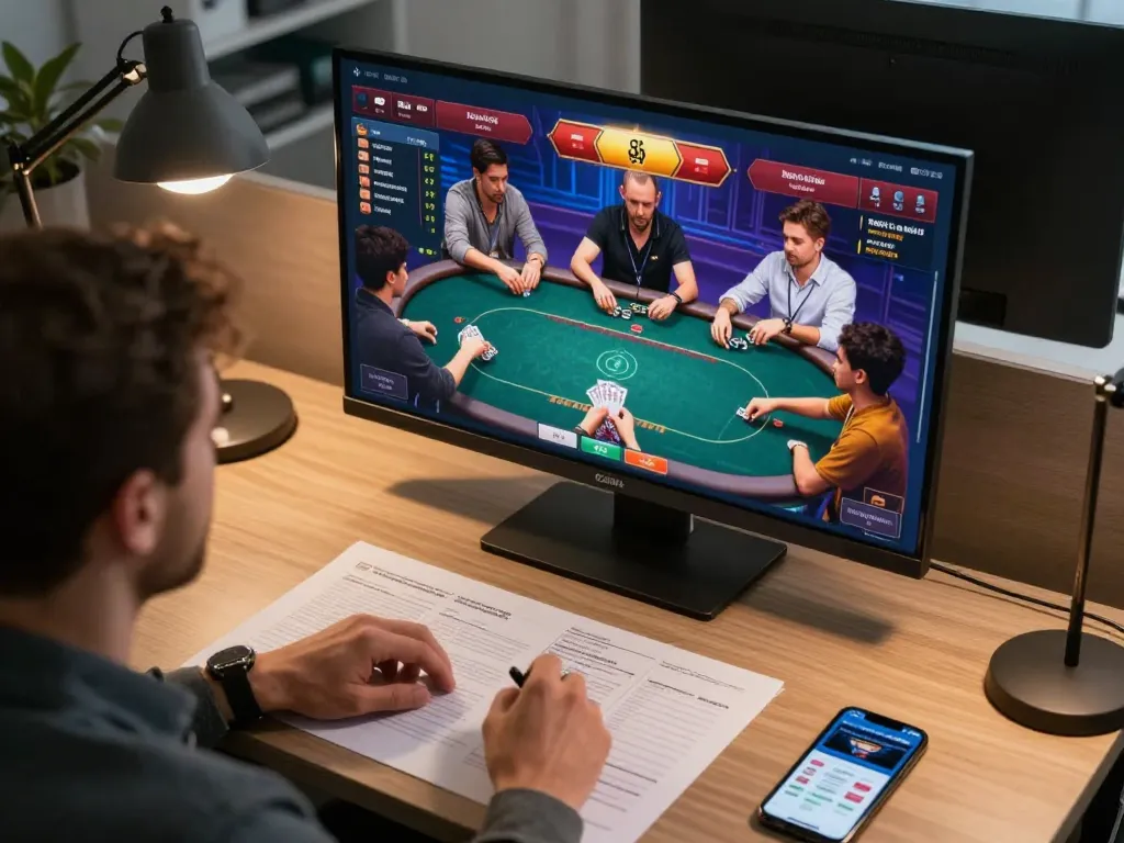 Engaging poker gameplay on Da88 online casino with players strategizing bets and statistics