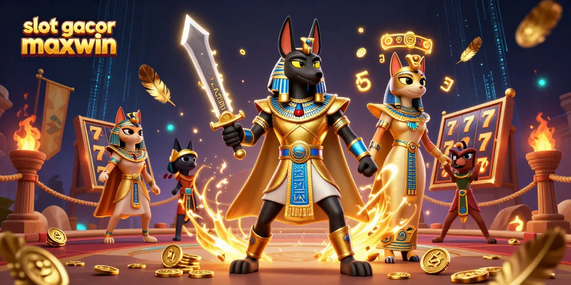 Spin the slot gacor maxwin reels with Anubis and Bastet in a vibrant casino scene.