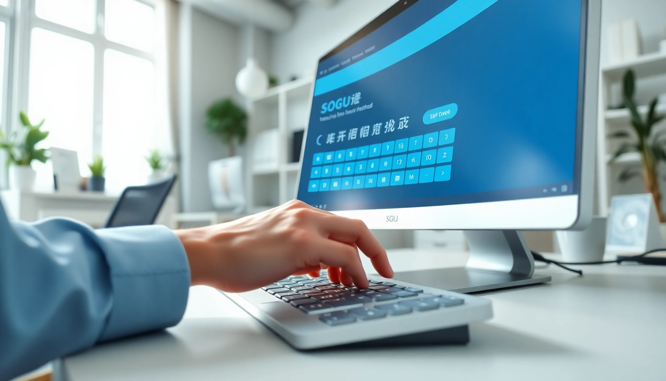 Utilize the Sogou输入法 effectively with a user navigating its interface in a serene office.