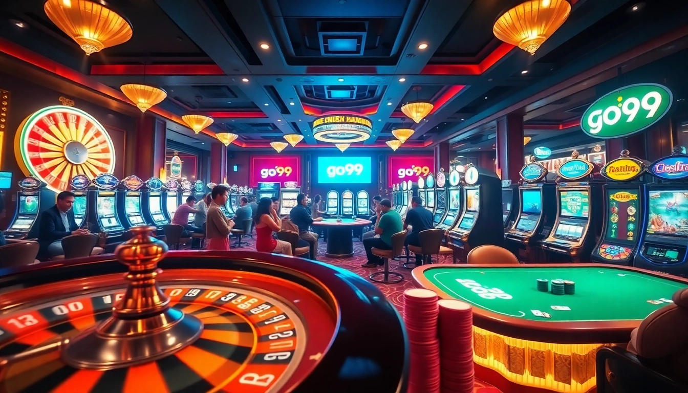Experience thrilling gaming at go99 with vibrant poker tables and bright casino lights.