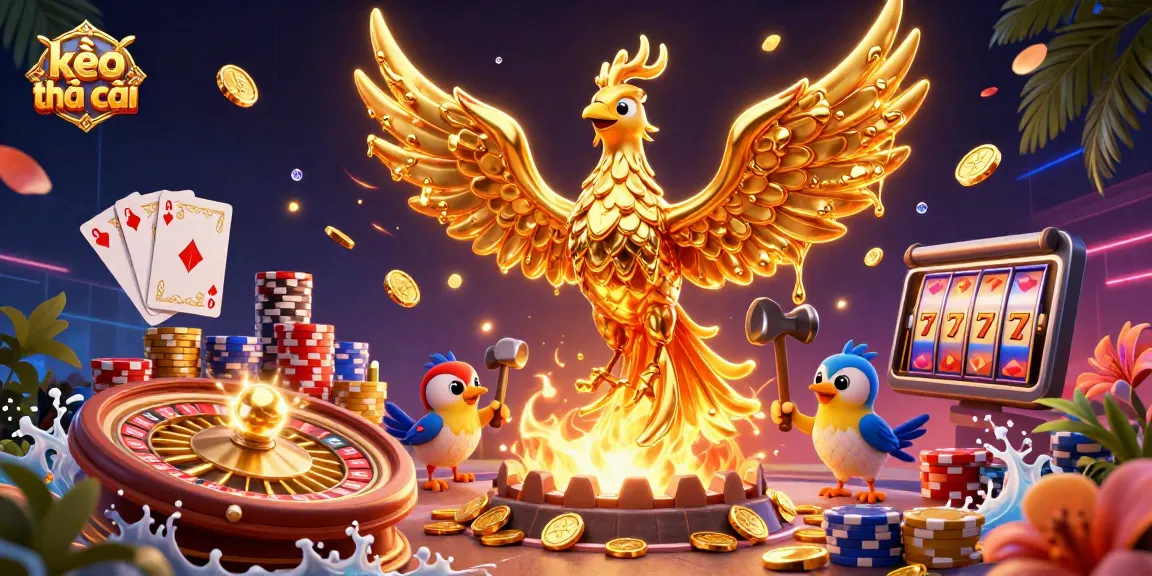 Experience kèo nhà cái with a vibrant scene of a golden phoenix amidst dynamic casino elements.