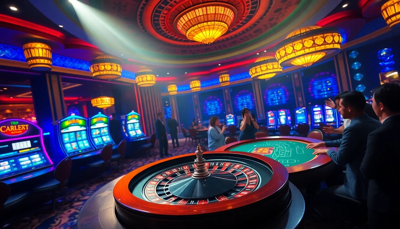 Engaged players enjoying games at the Top 10 Nhà Cái Uy Tín casino, surrounded by vibrant slot machines.