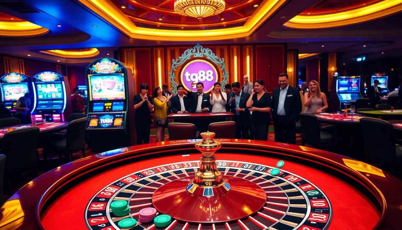 Tg88 branded casino table with vibrant chips and an excited crowd enjoying a professional gaming atmosphere.