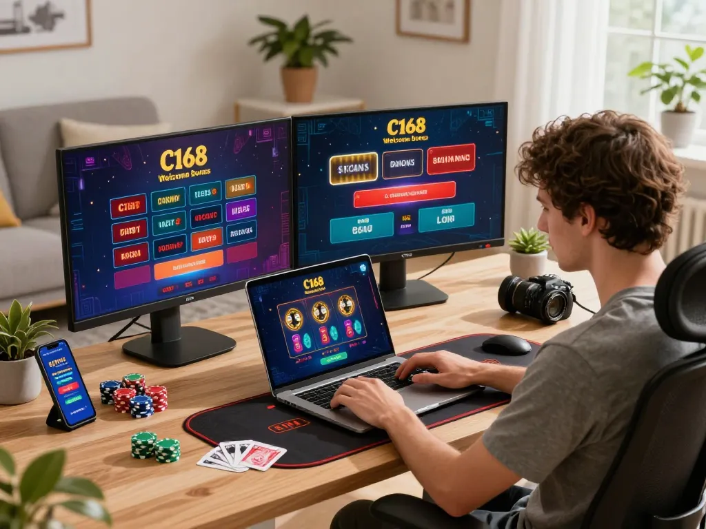 Engaging with C168 online casino promotions in a modern home office.