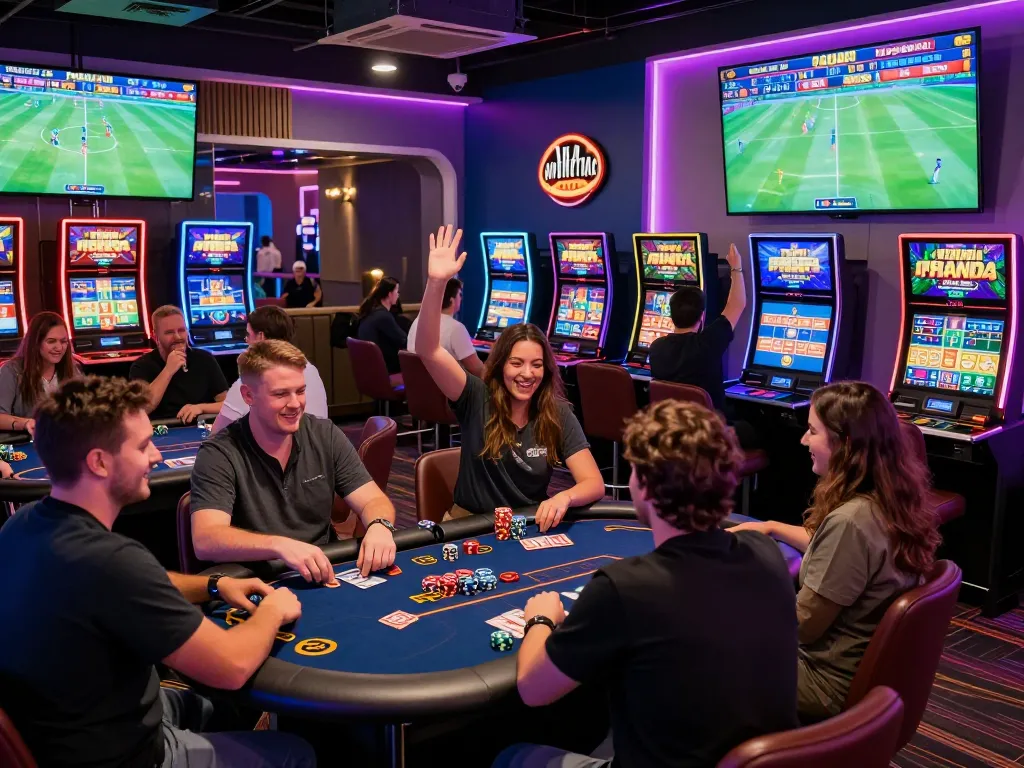 GO8 online gambling players celebrating wins in vibrant gaming lounge atmosphere