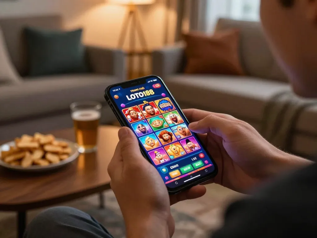 Player immersed in online gaming on LOTO188 TRANG CHỦ, showcasing vibrant betting interface and cozy ambiance