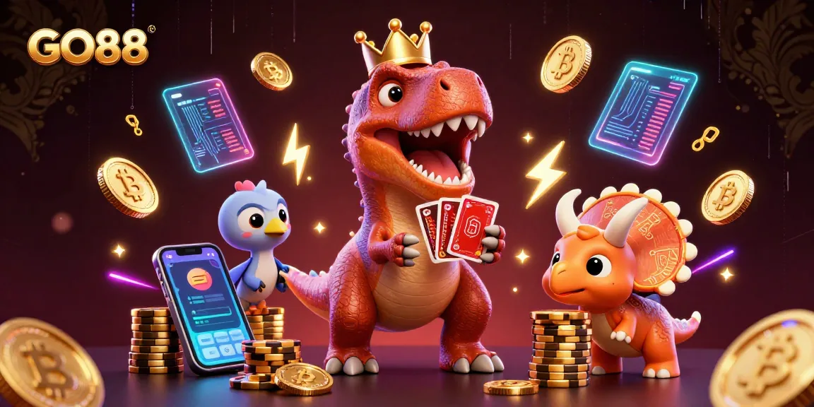Playing thrilling card games with GO88 in a vibrant, immersive casino-themed illustration.