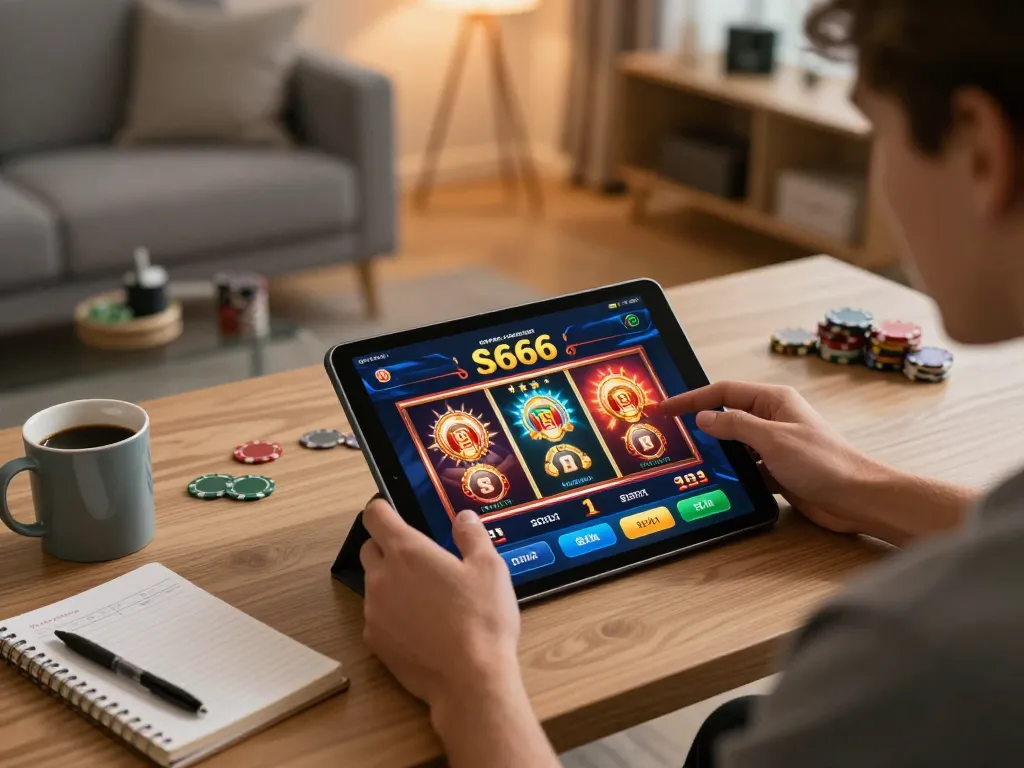 S666 casino app displayed on a tablet during an engaging home gambling session, showcasing responsible gaming.