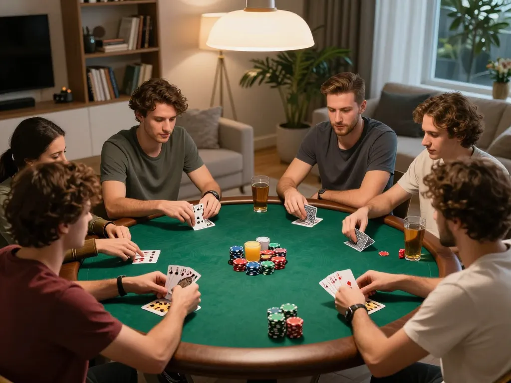 Engaged players at a home poker night enjoying FB88 with colorful chips and cozy atmosphere.