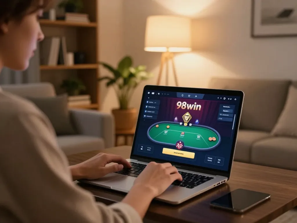 Engaging in online poker via 98win đăng nhập, showcasing a modern home gaming experience