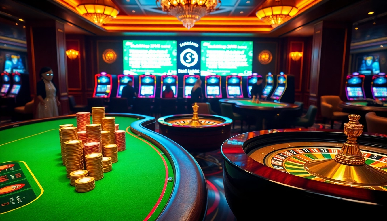 A thrilling scene at a luxury casino showcasing hidden wiki themes with vibrant games and elegant decor.