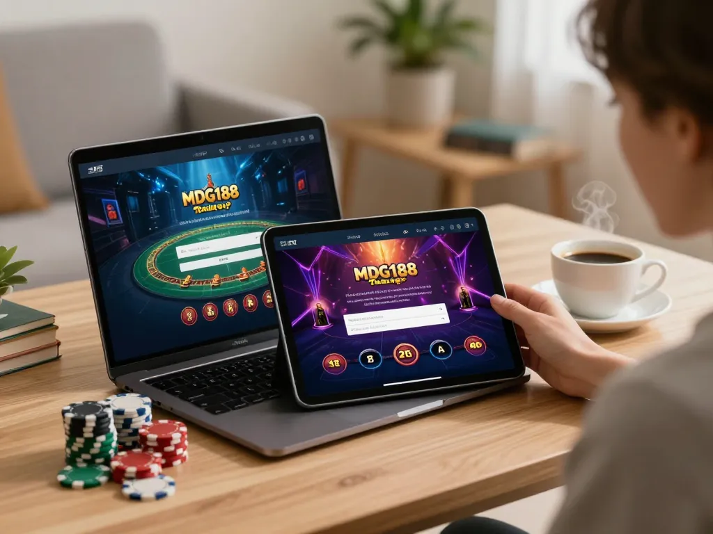 Engaging in a responsible MDG188 login for online gaming, showcasing a cozy home atmosphere.