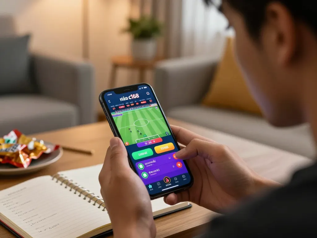 Engaging in live sports betting with nhà cái c168 app on smartphone, showcasing strategic decision-making in a cozy home