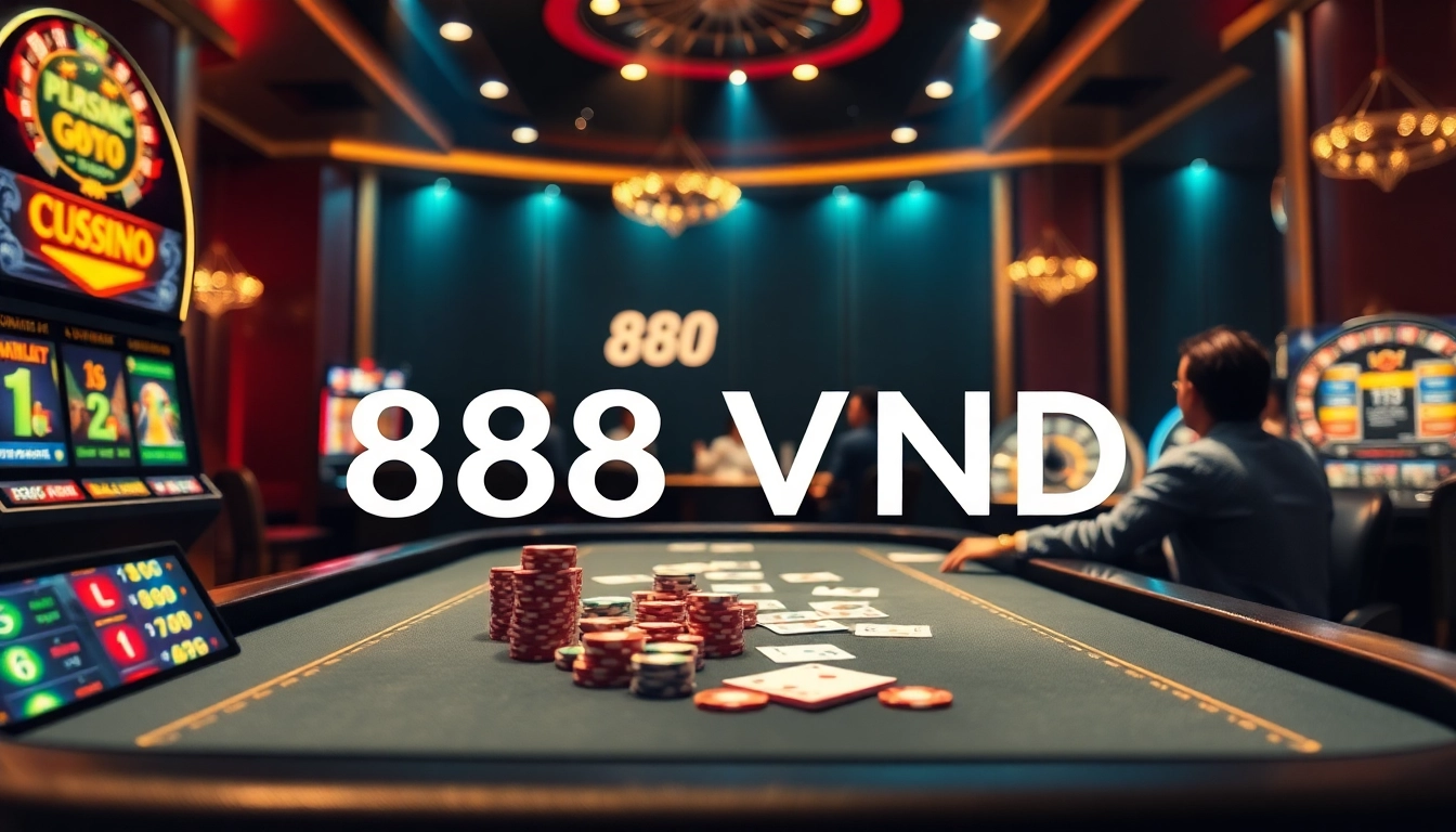 Engaging players at a professional casino scene with 888 VND poker chips and vibrant slot machines.