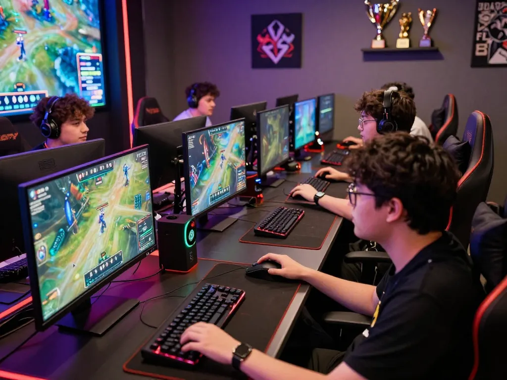 Exciting nổ hũ hubet88 esports betting scene with players immersed in live matches and vibrant atmosphere.