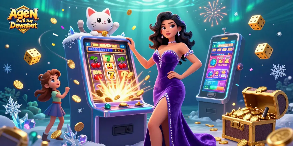 Agen Mix Parlay Dewabet showcases a vibrant 3D casino scene with a jackpot slot machine and a fortune cat.