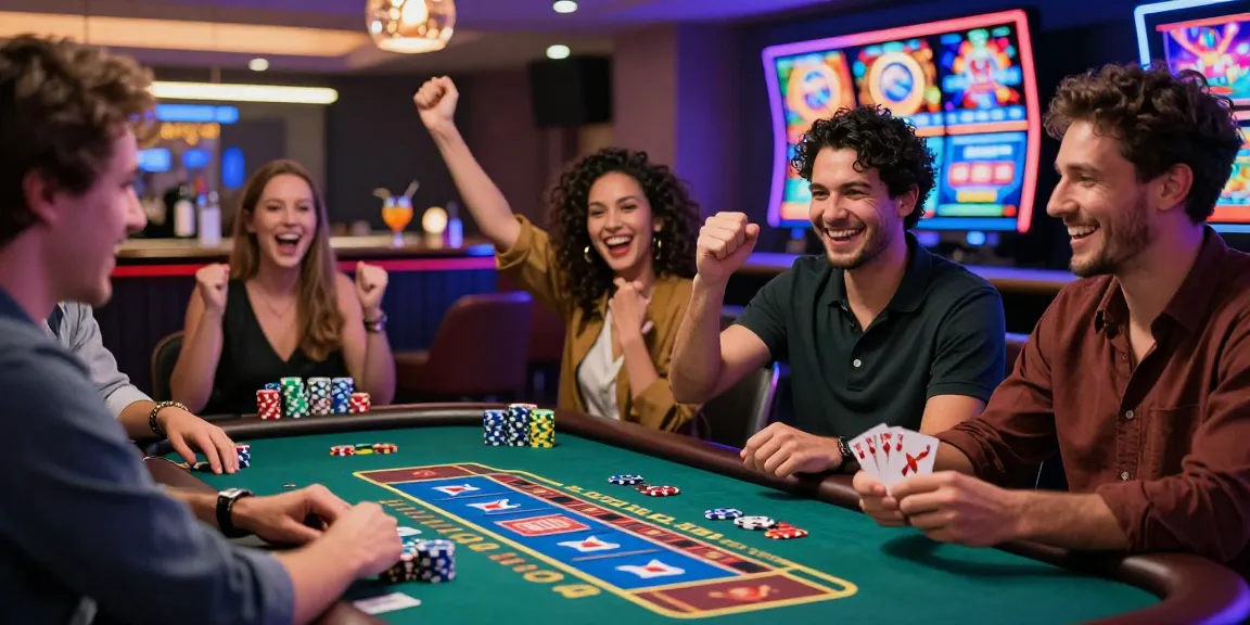 Exciting gaming night at a non-UK casino, where UK players enjoy vibrant atmosphere and winning moments, featuring https://ghsc.co.uk.