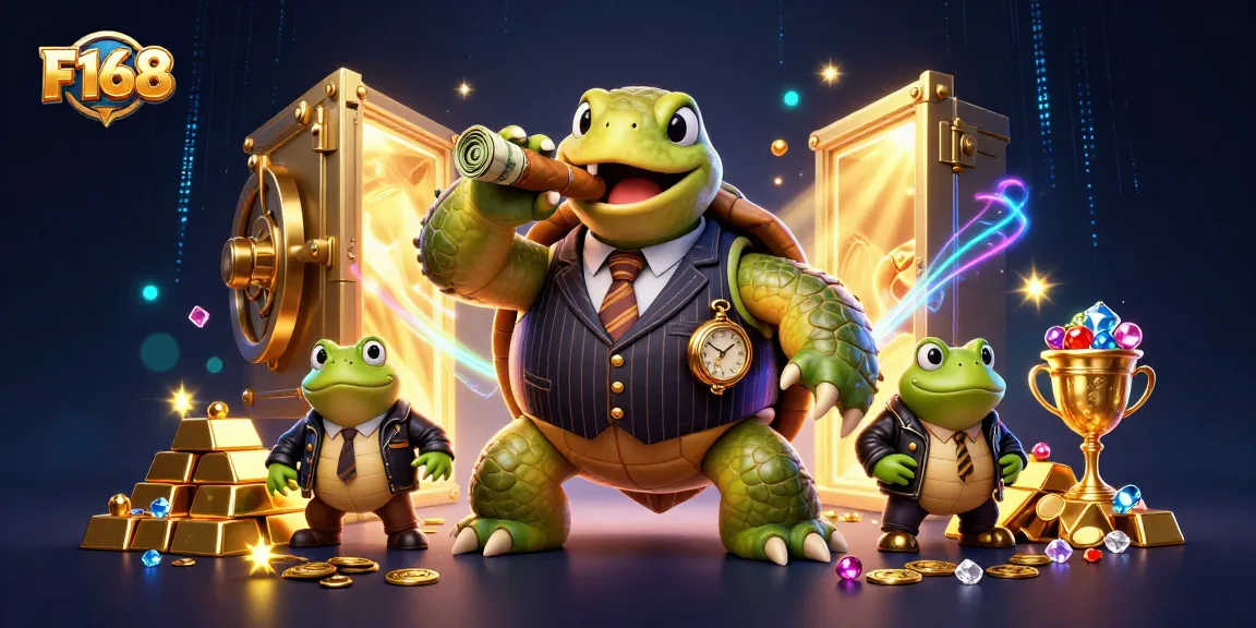 F168 casino experience depicted with snapping turtle and bullfrogs among treasures and lights.