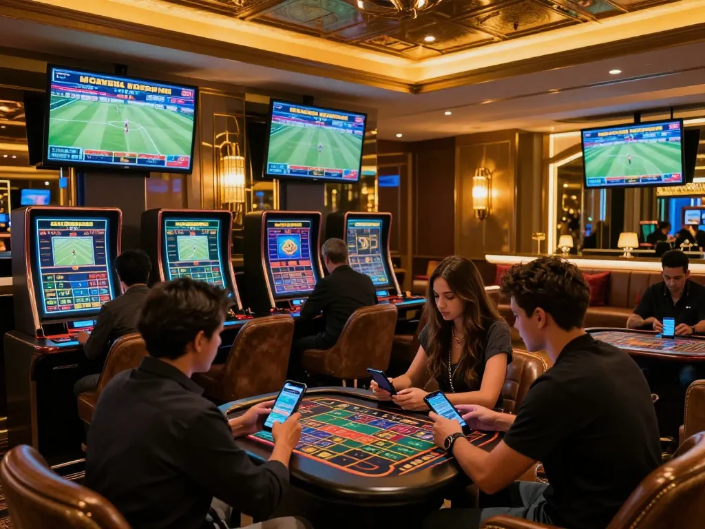 Betting enthusiasts engaging with sbobet in a luxurious sports betting lounge, surrounded by live match screens.