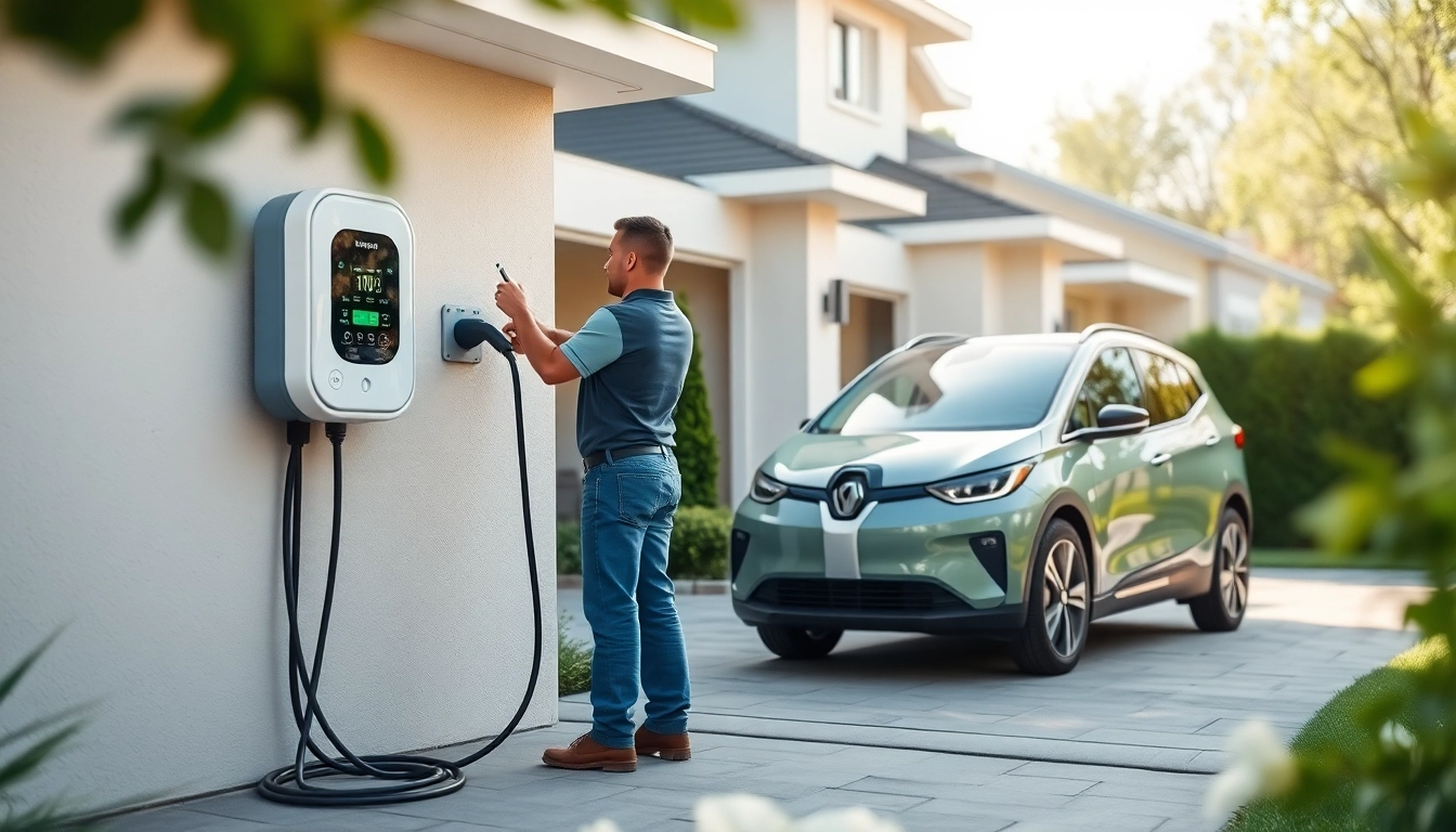 McNally EV charger installation by a technician in a home driveway.