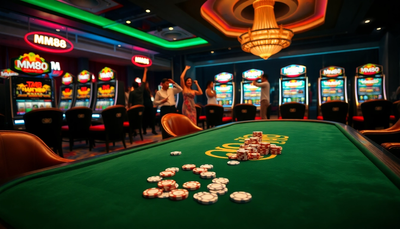 Exciting casino game scene featuring MM88-branded poker table and slot machines.