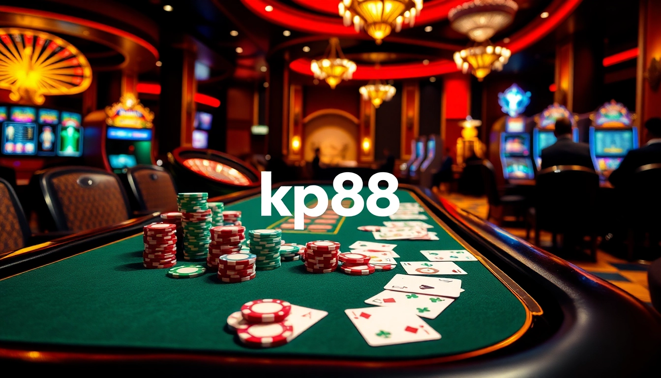 Experience kp88's thrilling poker action at a vibrant casino table filled with colorful chips and cards.