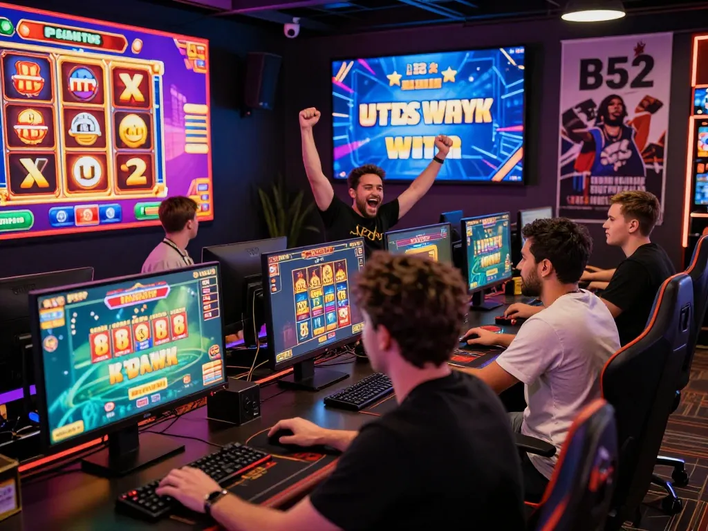 Players celebrating big wins at b52club in a vibrant online casino atmosphere with engaging graphics and gaming interfaces.