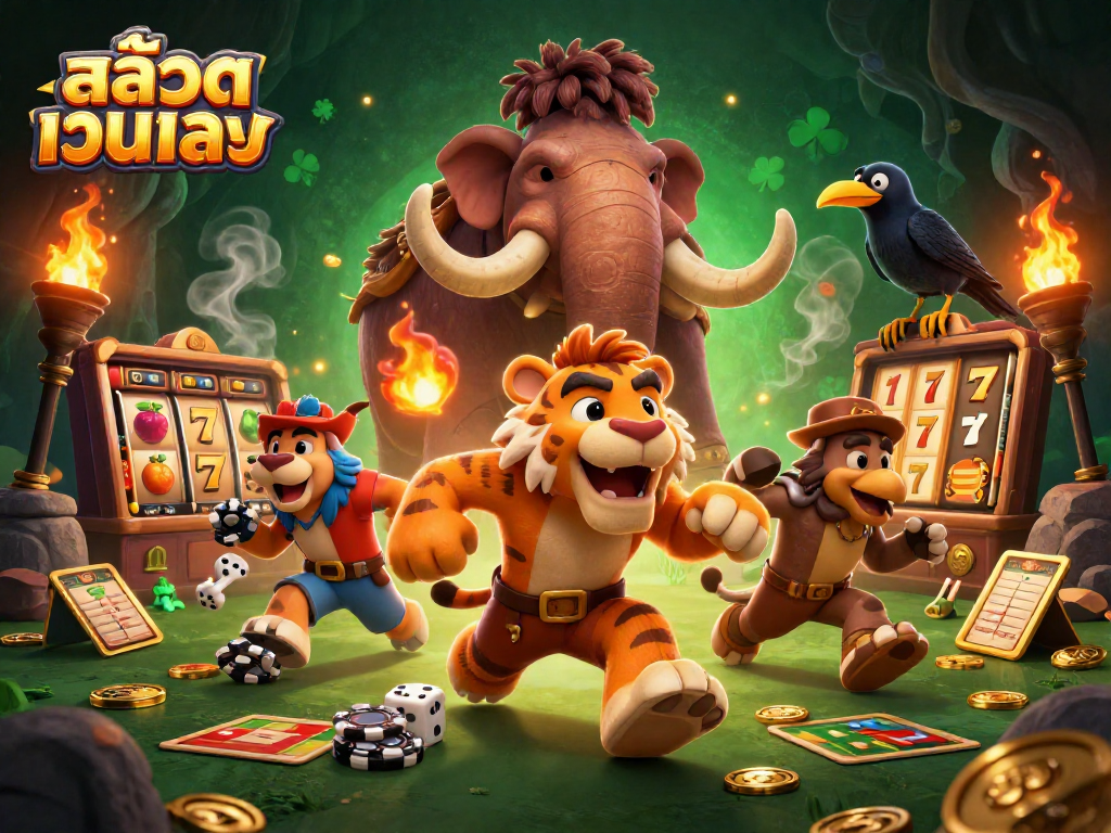 Experience สล็อตเว็บตรง through an engaging scene of a pre-historic casino bursting with excitement and vibrant elements.