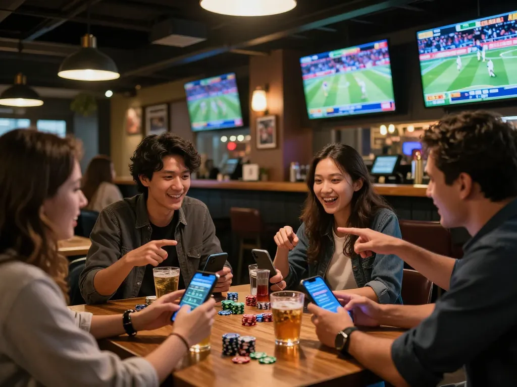 Celebrating a winning bet at NHÀ CÁI FABET in a lively sports bar setting.