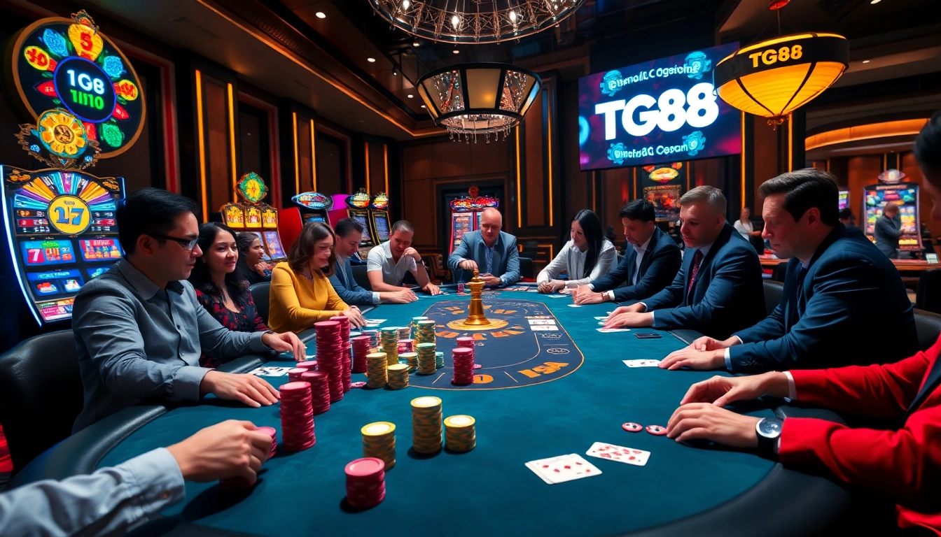 Players engaged in thrilling poker action at TG88 casino, showcasing excitement and strategy.