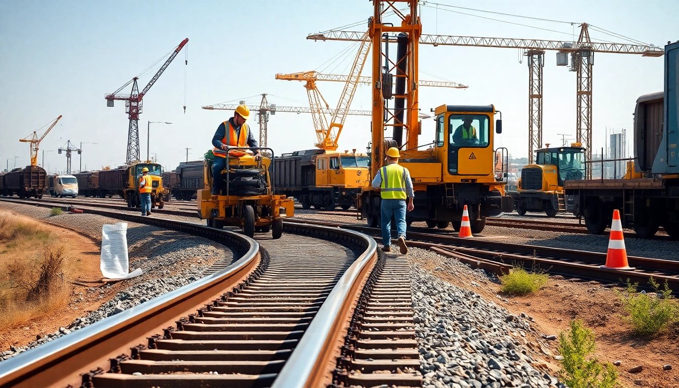 Skilled railroad contractors near me preparing tracks in a vibrant construction site.