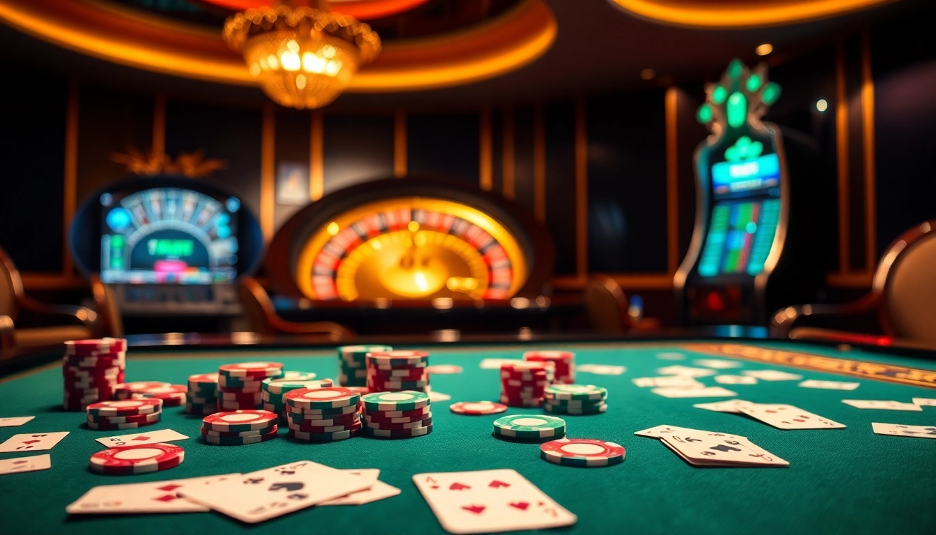 Experience the thrill of 789BET with a vibrant casino table showcasing poker chips and cards.