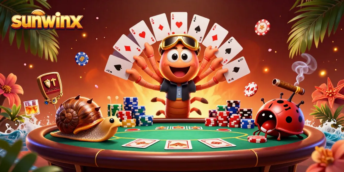 Engage with sunwinx at an exciting casino scene featuring vibrant characters and dynamic poker elements.