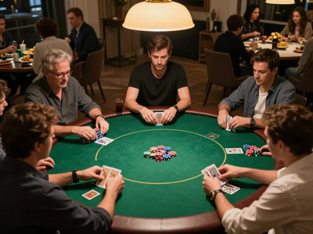 Engaging poker night scene as players TẢI KU88 app for a thrilling experience, enhancing social fun and strategy.