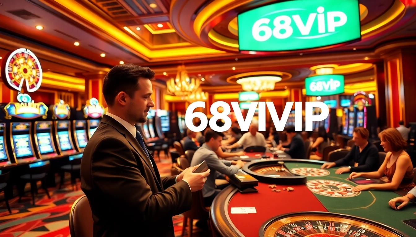 Experience the thrill of gambling at 68VIP, showcasing a luxurious casino atmosphere with vibrant games.