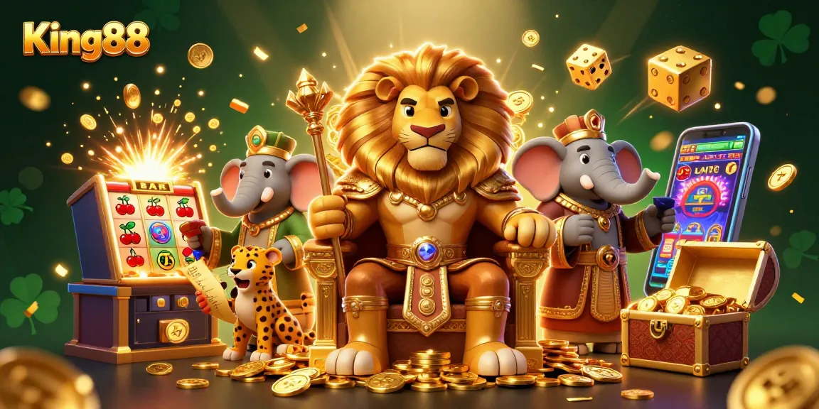 Experience the thrilling adventure at King88 with vibrant characters and a colorful casino landscape.