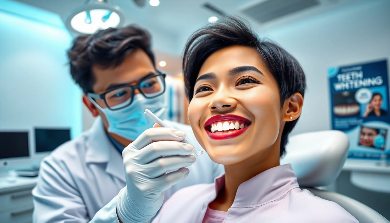 Teeth whitening malaysia dentist with a smiling patient in a modern clinic.