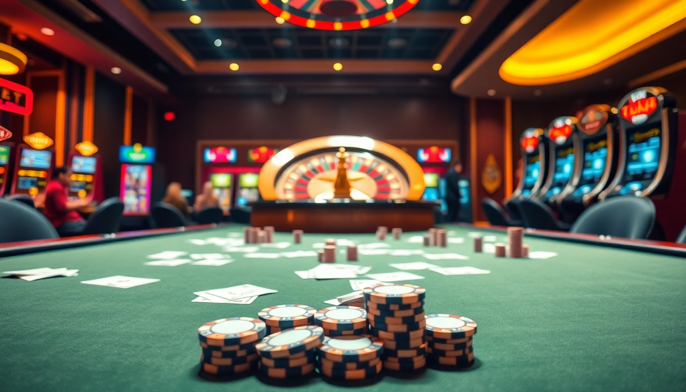 Experience the allure of gambling with DEBET at a luxurious poker table featuring vibrant chips and cards.