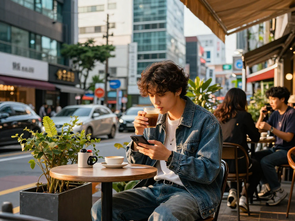 강남쩜오에서 스타일리시한 개인이 커피를 즐기는 도시 풍경