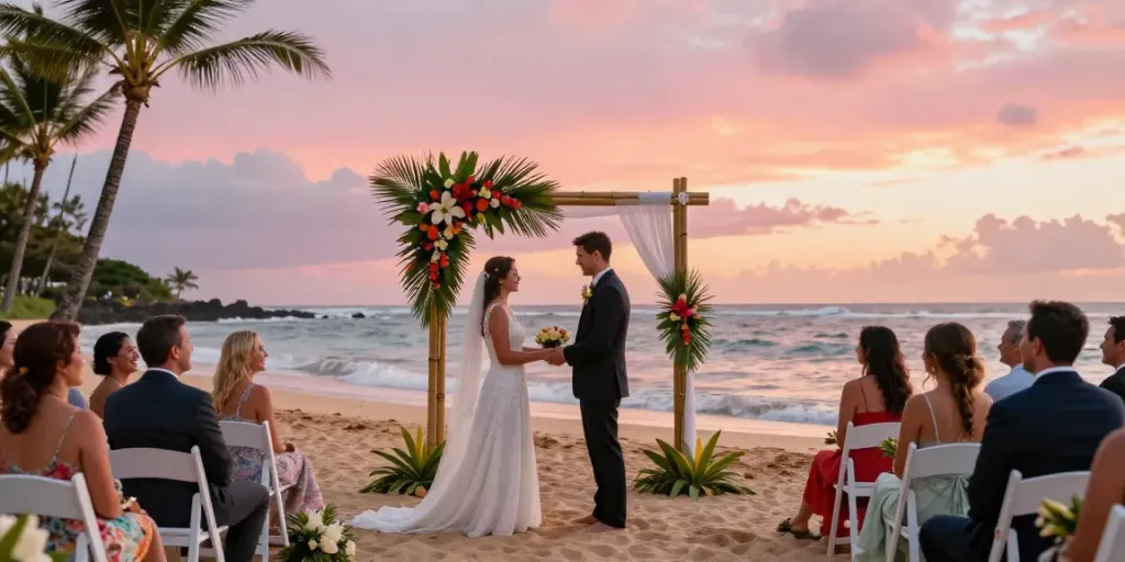 Oahu wedding photographer captures a couple exchanging vows on a beautiful beach at sunset.