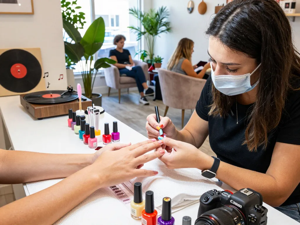 Professional nail technician applying vibrant nails in a sunny salon