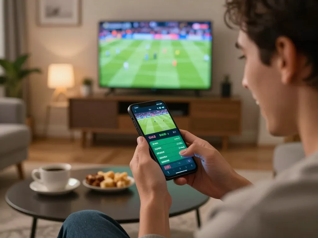Person using the vsbet app for sports betting during a live football match