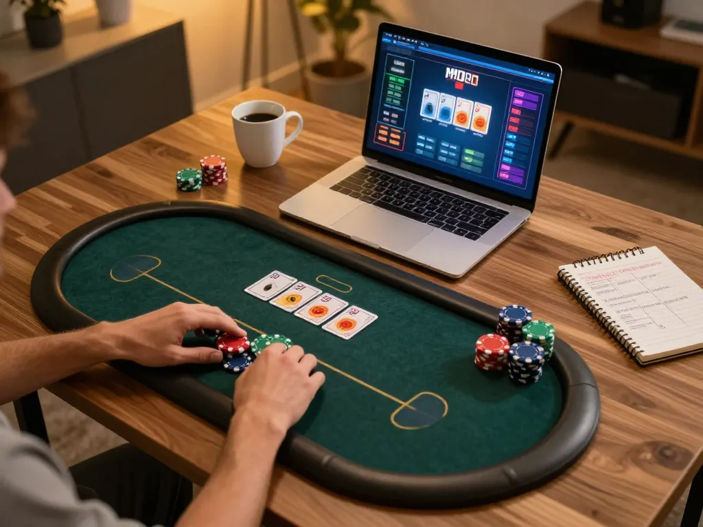 GG88 players engaging in a dynamic poker game at home, showcasing modern online gaming strategies.