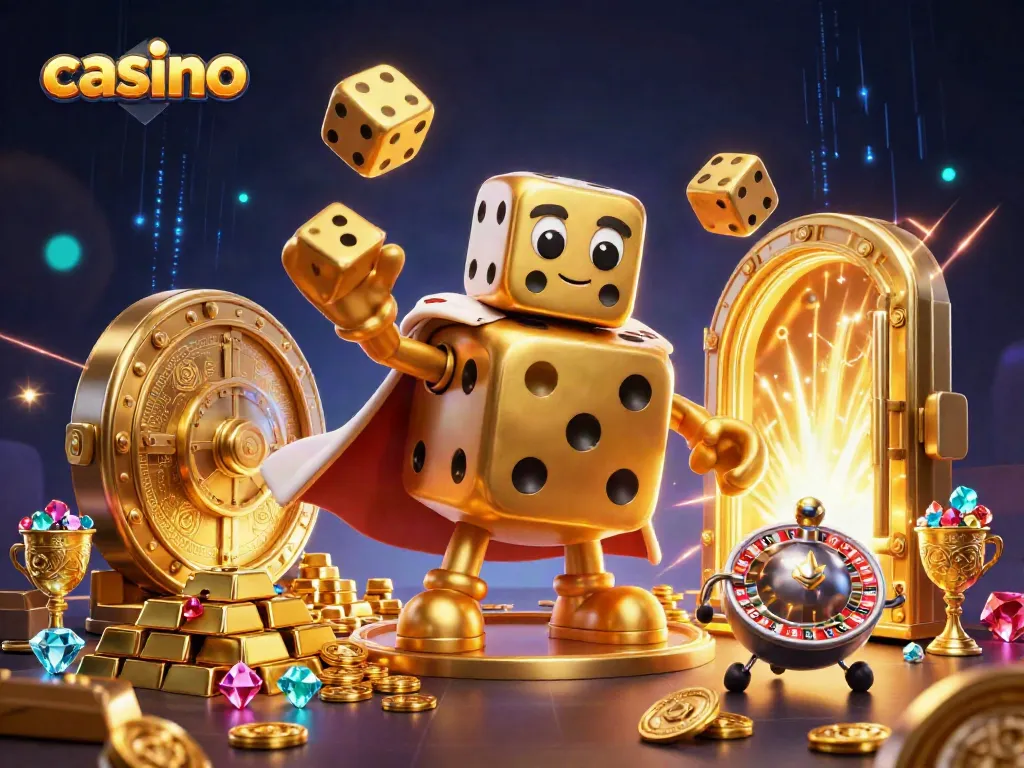 Experience excitement at the casino with vibrant golden dice golem and treasures overflowing in a captivating scene.