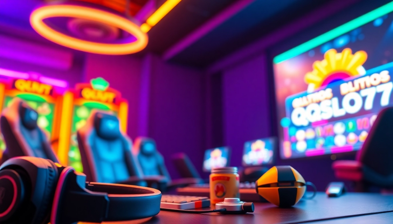 Permainan QQSLOT777 dengan mesin slot berwarna cerah dan aksesori gaming menarik.