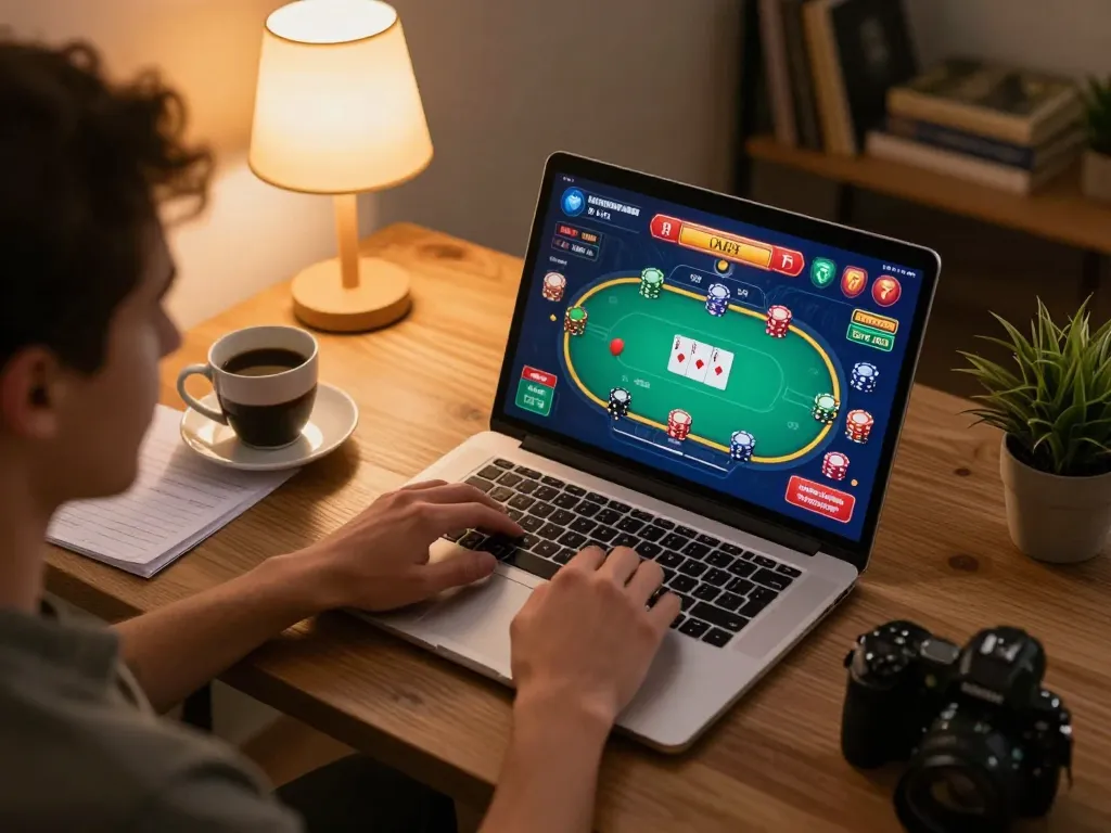 Engaged player enjoying poker at home using okwin online casino platform, showcasing strategic gameplay.