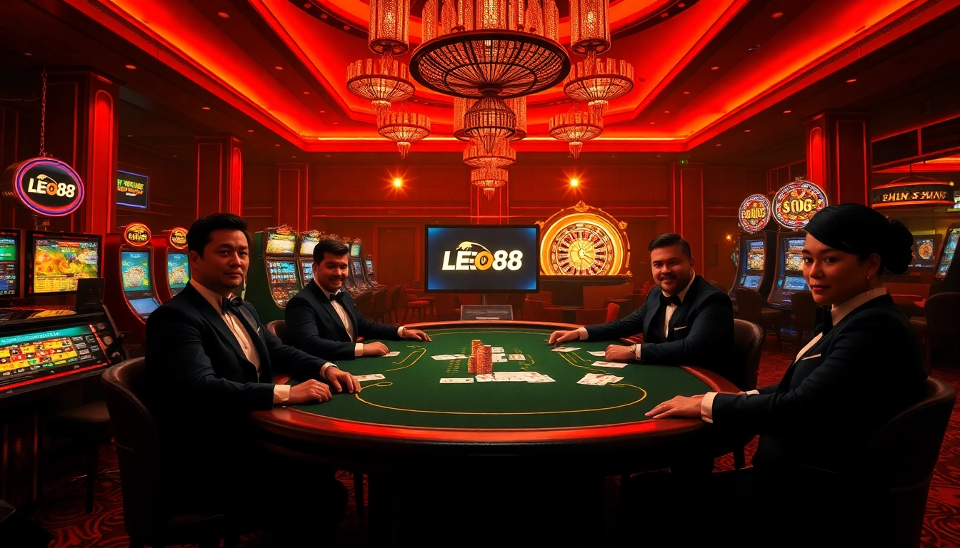 Engaging casino scene featuring players at a LEO88 poker table, showcasing excitement and luxury in gambling.