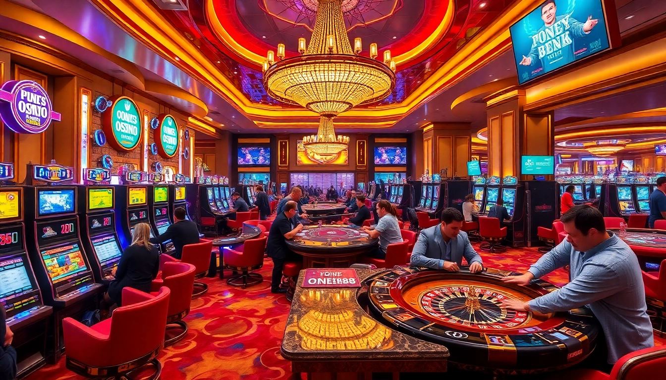 ONE88 casino scene with players engaging at poker tables and vibrant slot machines.