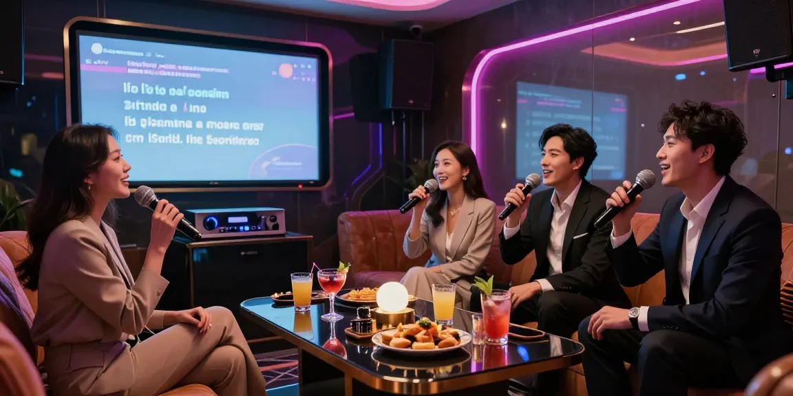 강남가라오케 정찰제의 고급스러운 프라이빗 룸에서 고객들이 즐겁게 노래하고 있는 모습